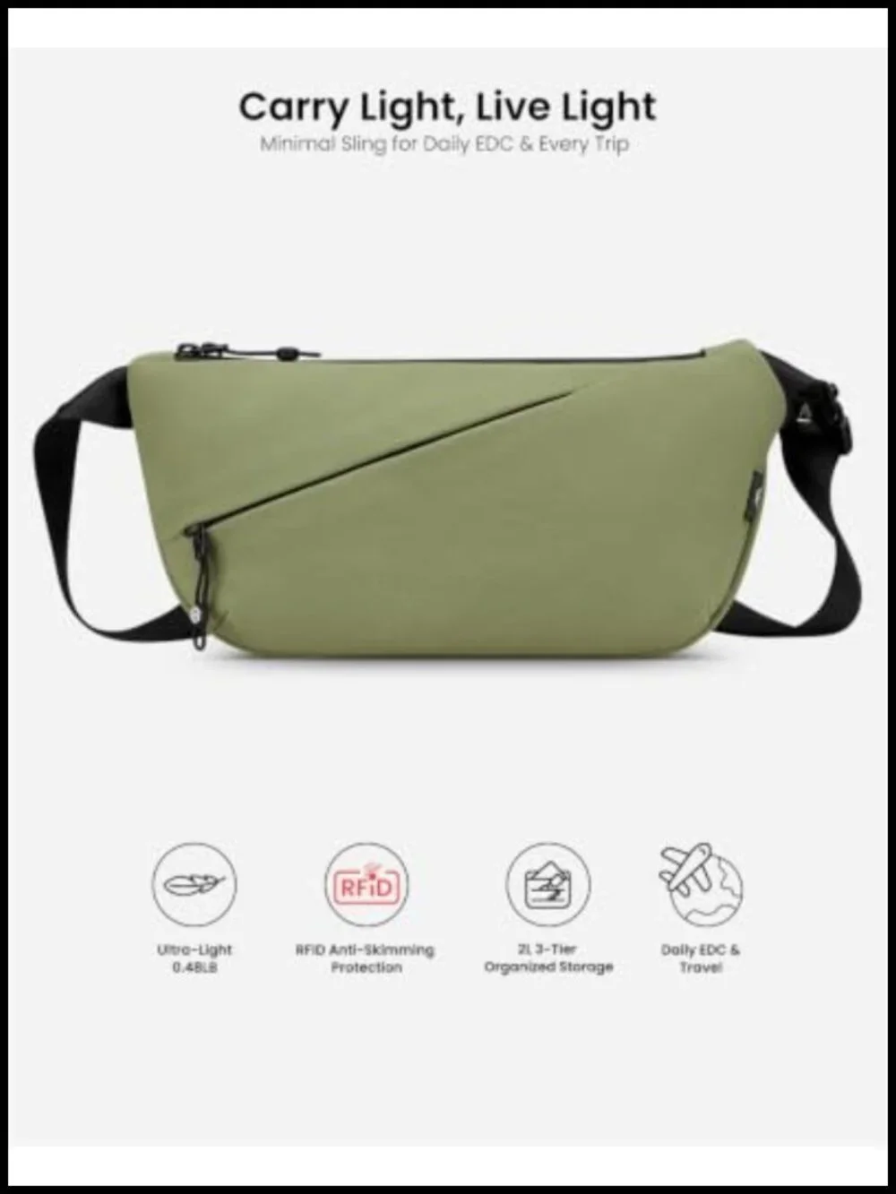 2L Sling Bag RFID Blocking Crossbody Water Repellent Nylon EDC Chest Pack